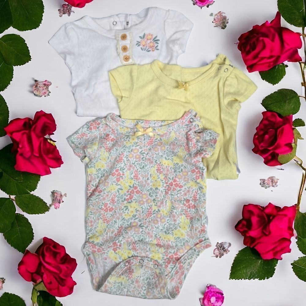 Tahari Baby Girl 3pc Yellow White Floral Onesie Bodysuit Playwear 6-9M Bundle
